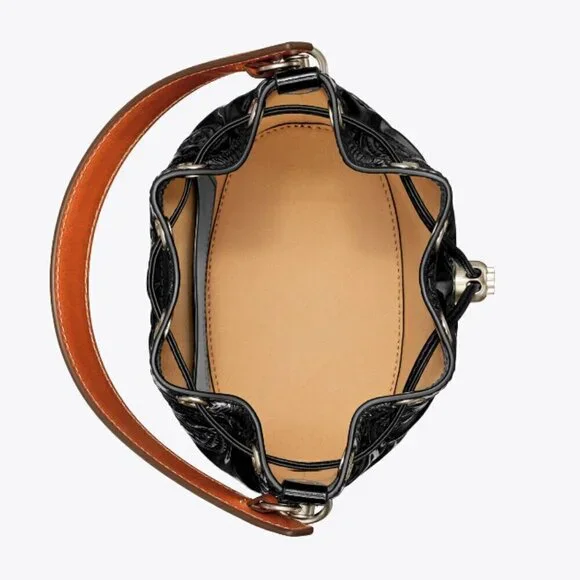 NWT! New! Tory Burch T Monogram Embroidered Patent Bucket Bag -BLACK Large - Picture 14 of 14